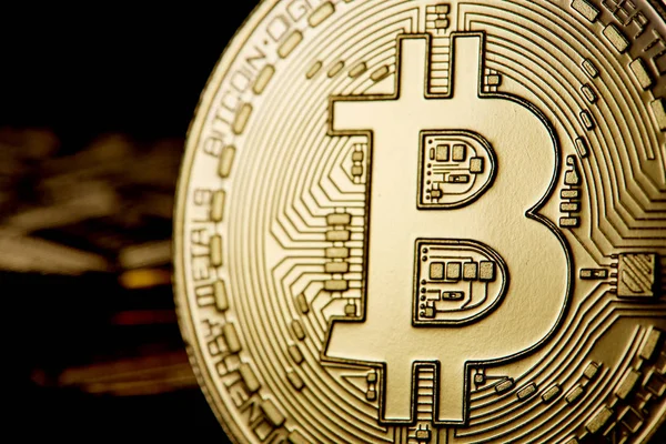 Farklı cryptocurrency bitcoins karanlık tablo, yakın çekim, seçici odak ile kavramsal görüntü.