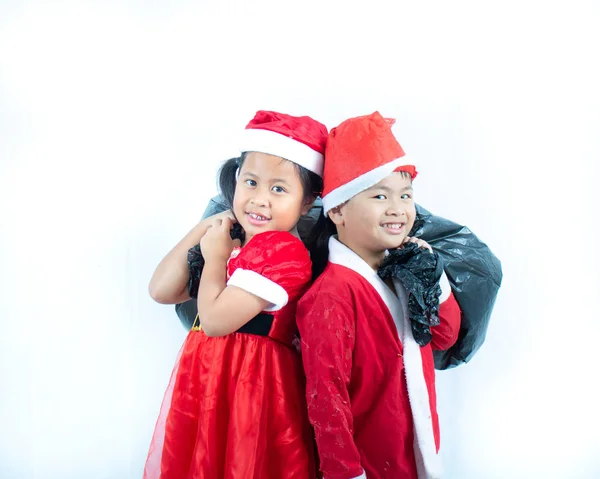 Bonito Menino Menina Vestindo Terno Papai Noel Com Segurando Saco — Fotografia de Stock