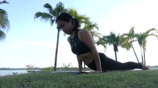 Linda Chica Jugando Yoga Jardín — Vídeo de stock