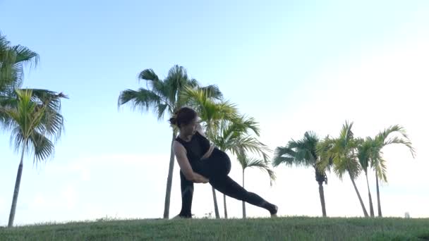 Asiática Linda Una Mujer Jugando Calentamiento Yoga Jardín — Vídeo de stock
