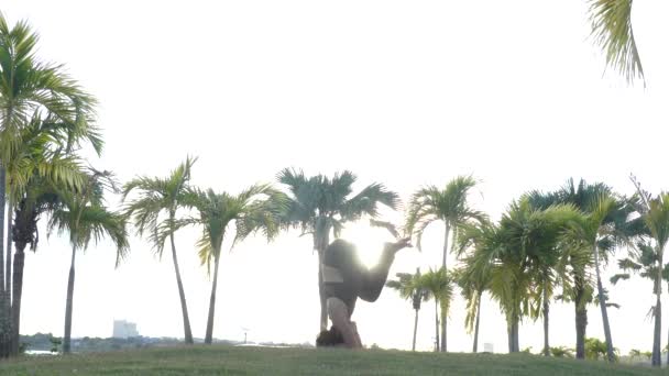 Hermosa Chica Jugando Yoga Jardín — Vídeo de stock