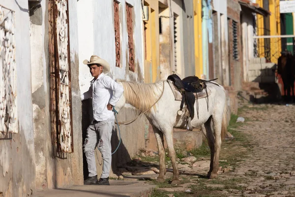 Cavalos Stetson Hatted Riders Trinidad Cuba 2018 Cavaleiro Cavaleiro Nas — Fotografia de Stock