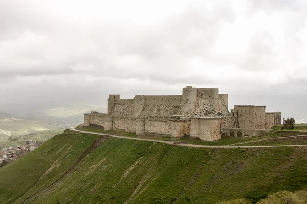 Crac de Chevalier dış Suriye 'ye karşı gri bulutlara karşı 2009 savaştan önce Kudüs' teki Aziz John Kilisesi tarafından çekildi Haçlı Kalesi 'nin en iyi korunmuş örneği.