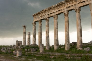 Apamea, Suriye - Mayıs 2009: Savaştan önce Suriye. Suriye 'nin etkileyici Apamea Yunan ve Roma şehri Apamea' da Büyük Koloni ve zafer kemerleri. Apamea antik bir Yunan ve Roma şehriydi. 