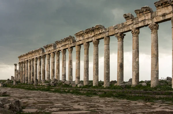 Apamea, Syria - May, 2009: Syria before the war. the Great Colonnade and triumphal arches in the impressive Apamea Greek and Roman city of Apamea in Syria. Apamea was an ancient Greek and Roman city