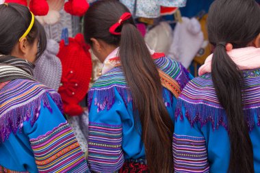 Bac Ha Market Vietnam 12.22. 2013 kızları Çiçek Hmong insanlarıyla aynı kıyafetlere sahipler.