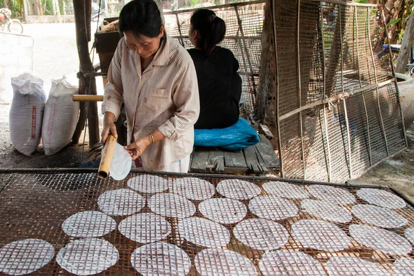 Battambang ailelerinin yaptığı börekler için ev yapımı geleneksel pirinç kağıdı. — Stok fotoğraf