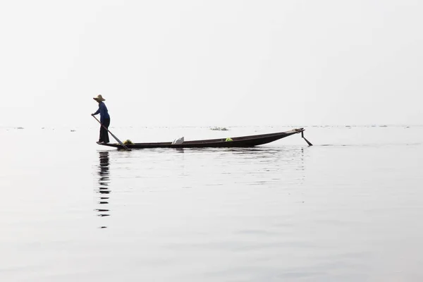 Lac Inle Myanmar 2015 Pêcheur Traditionnel Intha Ramant Avec Une — Photo