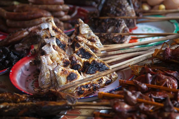 Laos Comida Rua Comida Tradicional Cozinhada Nas Laterais Estrada Barracas — Fotografia de Stock