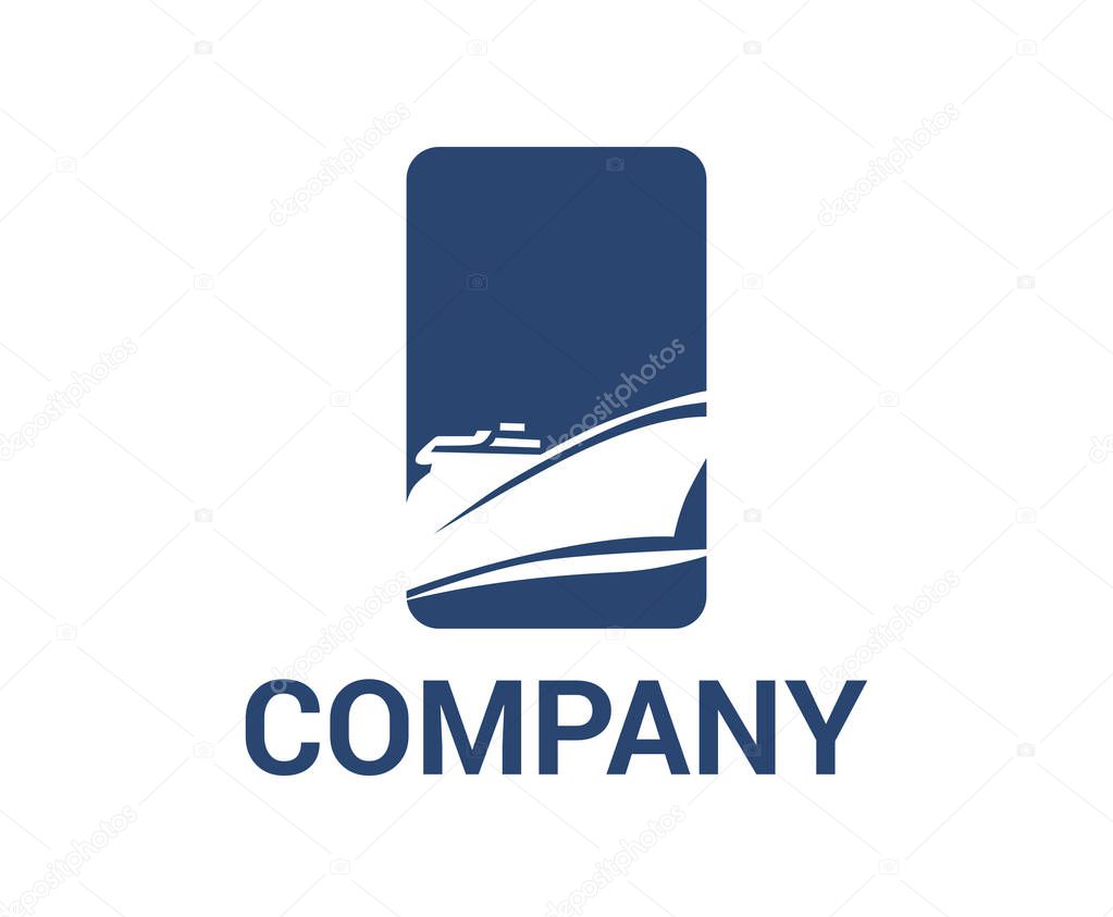 Blue color ship for global travel sail over ocean flat design style logo illustration