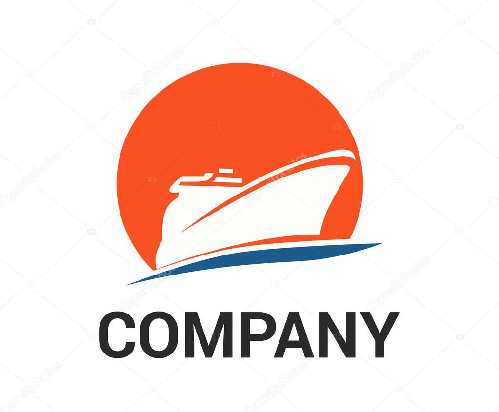 Logistic ship for shipping import export trade sail over ocean flat design style logo illustration with orange sunset color