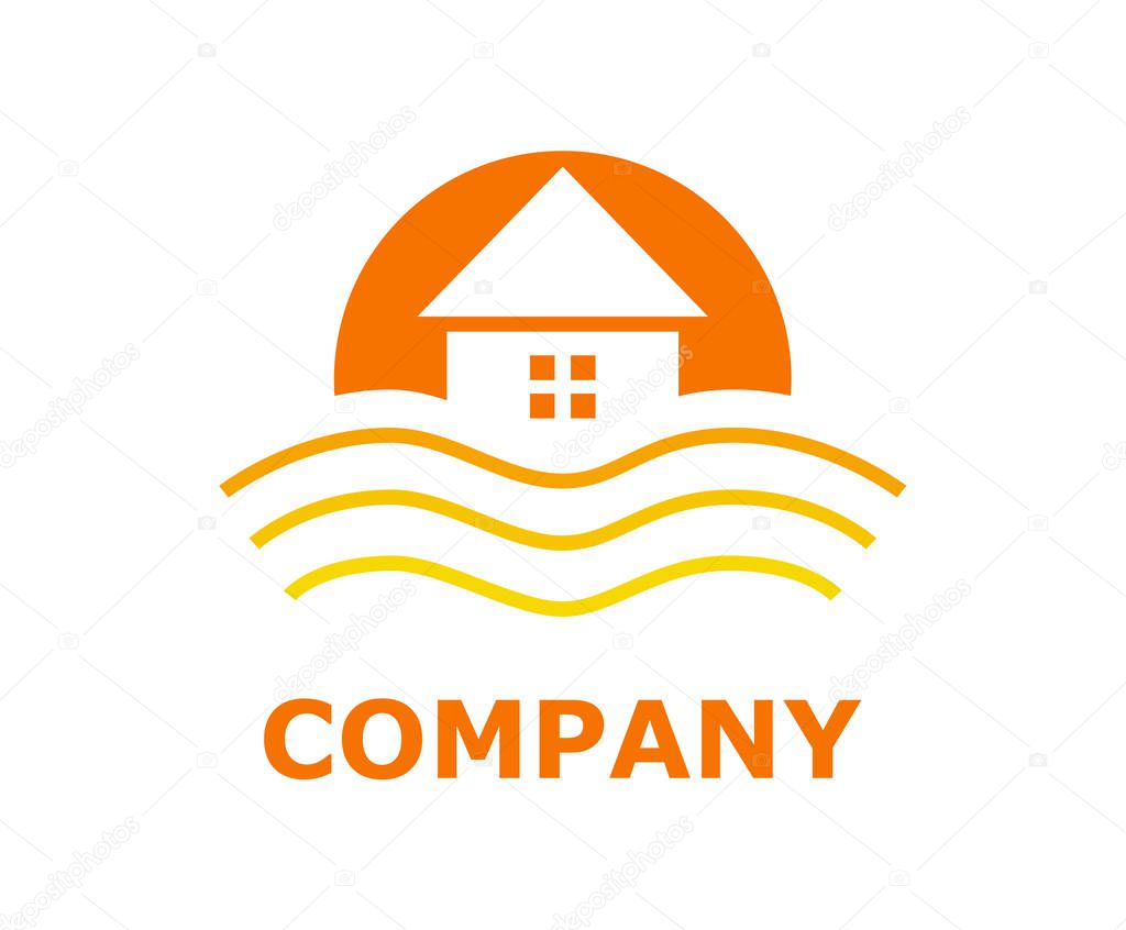 Logo design idea illustration for resort hotel business company on beach or bay shape like sunset