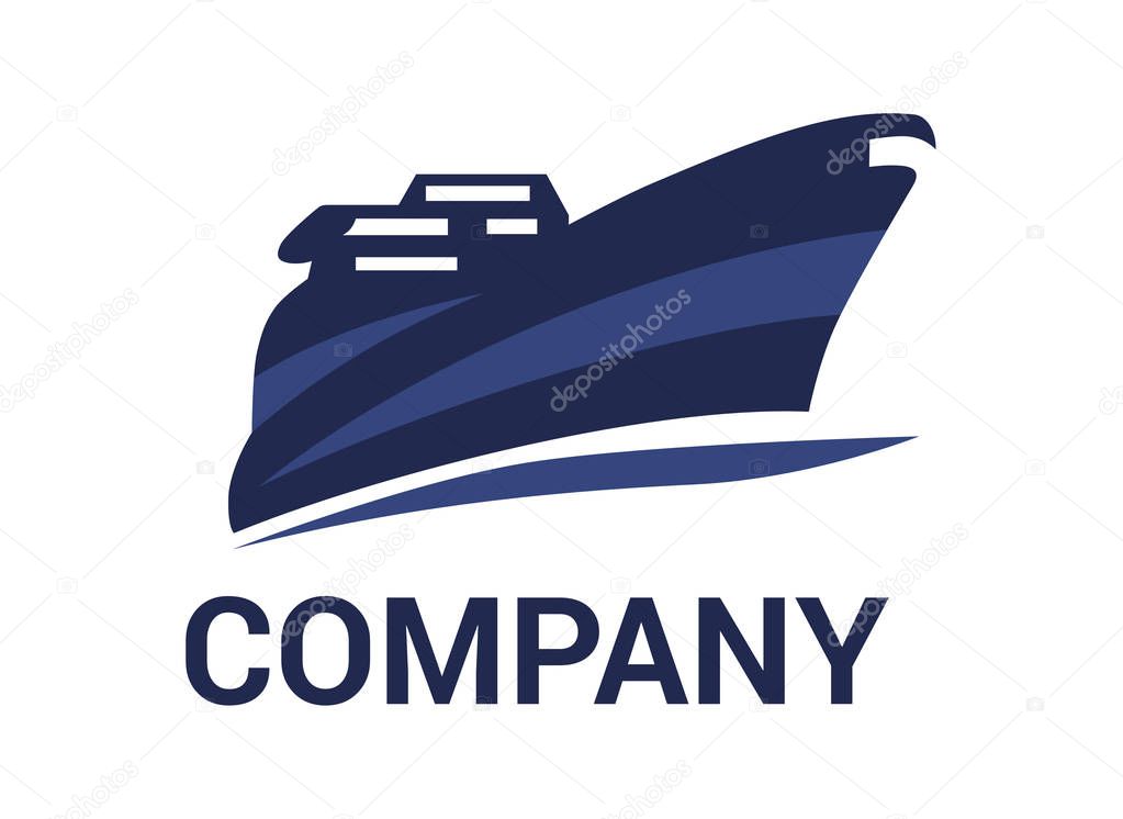Logistic travel ship for shipping import export trade sail over ocean flat design style logo illustration with black dark blue color