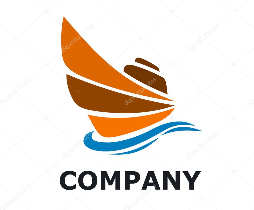 Logistic travel ship for shipping import export trade sail over ocean flat design style logo illustration with orange brown color with some wave