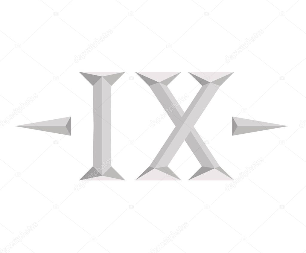Roman numerical number 9 type nine in alphabet letter logo mark iconic design illustration for calender number or any count in badge military metal emblem with silver color