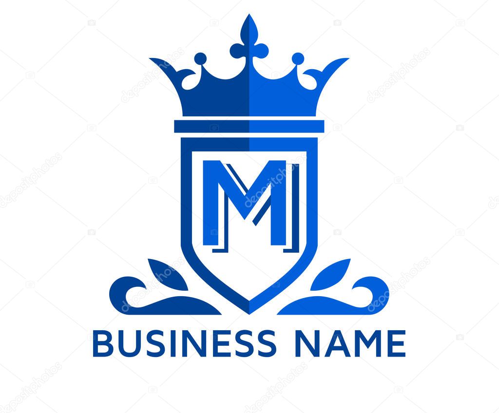 Blue color beautiful simple luxury classic vintage swirl or floral shield border logo design template with initial name of business company on it type letter m