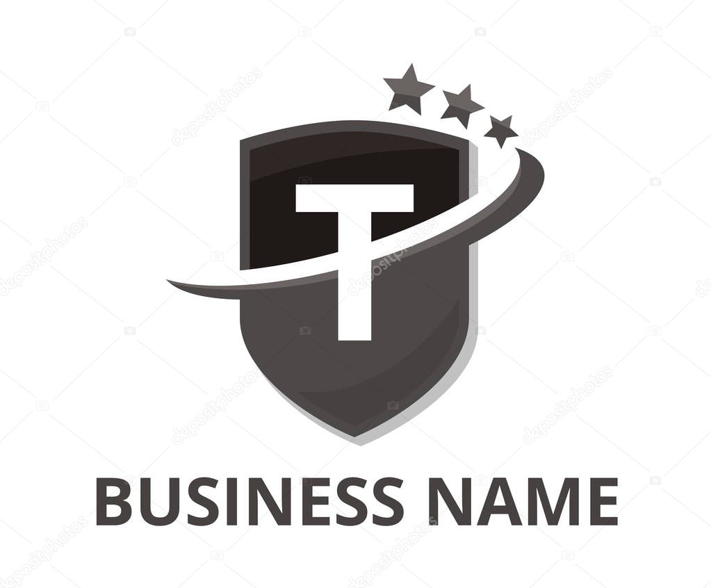 Black and grey color shield get slice into half logo graphic design with modern clean style for protection or security company with initial type letter t on it