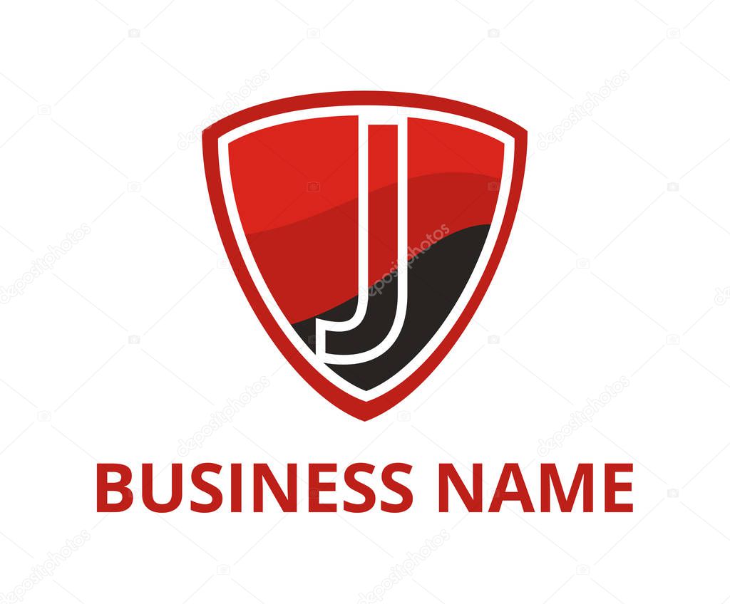 red and black color simple triangle shield logo graphic design with modern clean style for protection or security company with initial type letter j on it