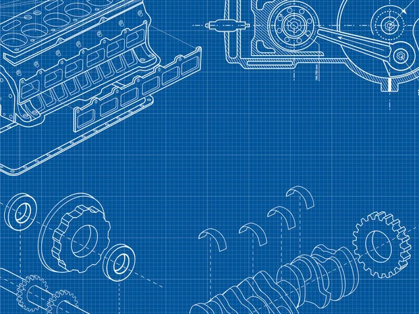 Technischer Blauer Hintergrund Mit Zeichnungen Von Details Und Mechanisms Engine — Stockvektor