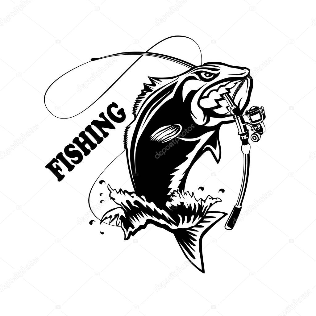 Fishing logo. Bass fish with rod club emblem. Fishing theme vector illustration. Isolated on white.