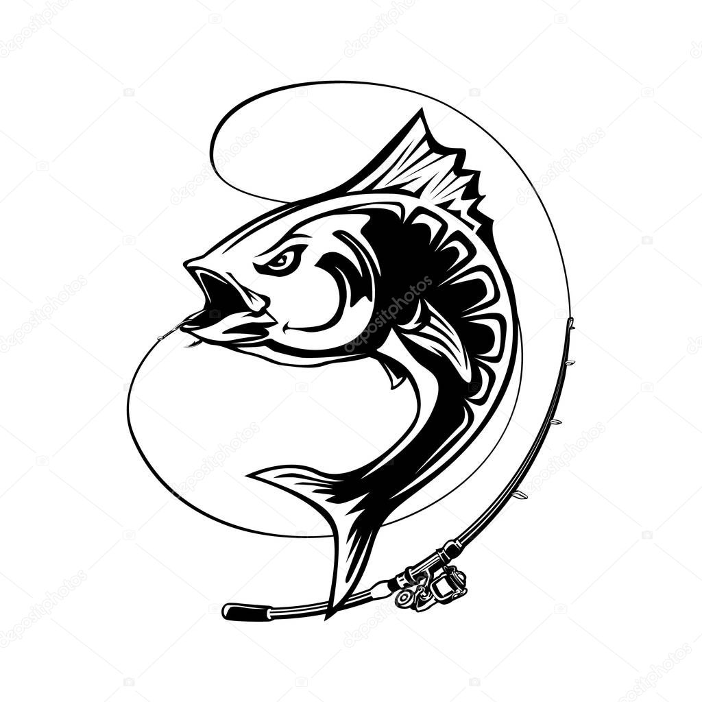Angry tuna fish logo. Tuna fishing emblem. Big eye tuna. Angry fishing club logotype.