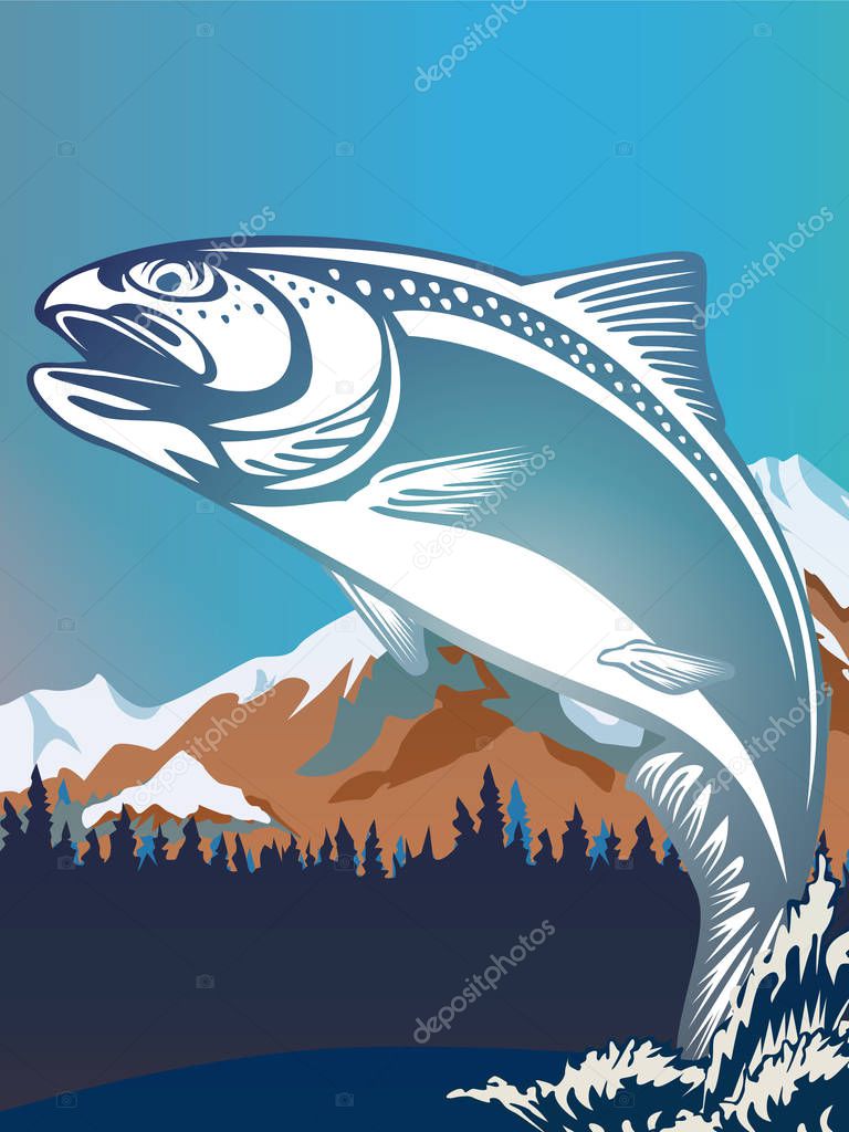 Salmon fishing emblem isolated on white vector illustration. Trout sport club logo.