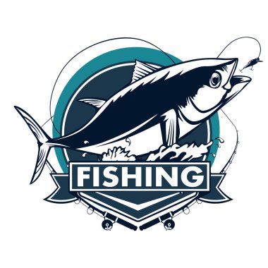 Ton balığı beyaz logo resim üzerinde büyük balıkçı. şekil-ebilmek var olmak kullanılmış balıkçılık kulüpler, baskı, web ve diğer el sanatları için logo ve amblem oluşturmak için.