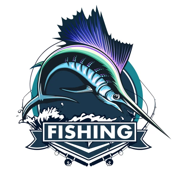 Marlin Ψάρια Λογότυπο Σπαθί Αλιείας Έμβλημα Για Αθλητική Λέσχη Θυμωμένος — Διανυσματικό Αρχείο