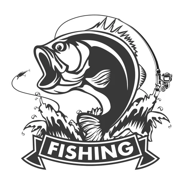 Fishing logo. Bass fish with rod club emblem. Fishing theme vector