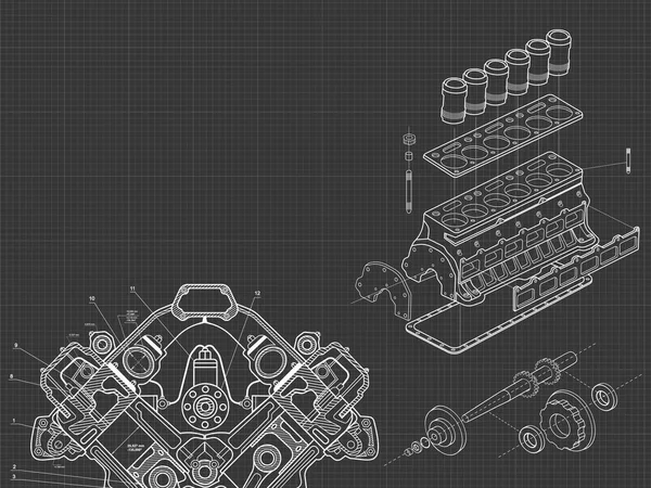 Műszaki Kék Háttér Rajzok Részletek Mechanizmusok Motor Vonalas Rajz Háttér — Stock Vector