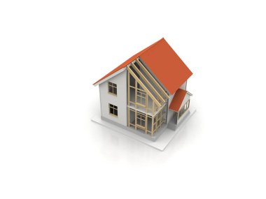 3D render illüstrasyon üstüne açık iç evi. Planları, belgeleri, vinç ve mortgage hesaplama.