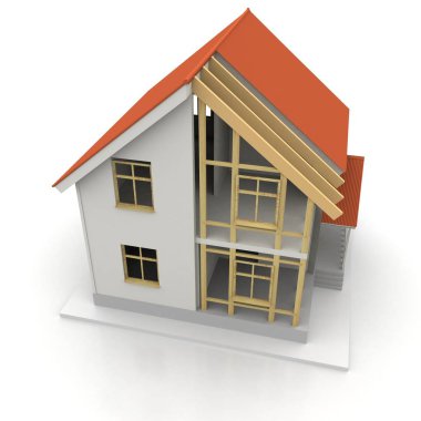 3D render illüstrasyon üstüne açık iç evi. Planları, belgeleri, vinç ve mortgage hesaplama.