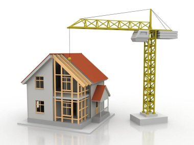 3D render illüstrasyon üstüne açık iç evi. Planları, belgeleri, vinç ve mortgage hesaplama.