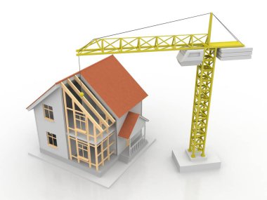 3D render illüstrasyon üstüne açık iç evi. Planları, belgeleri, vinç ve mortgage hesaplama.