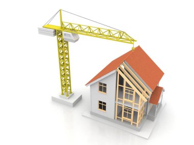 3D render illüstrasyon üstüne açık iç evi. Planları, belgeleri, vinç ve mortgage hesaplama.