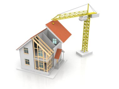 3D render illüstrasyon üstüne açık iç evi. Planları, belgeleri, vinç ve mortgage hesaplama.