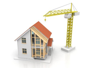 3D render illüstrasyon üstüne açık iç evi. Planları, belgeleri, vinç ve mortgage hesaplama.