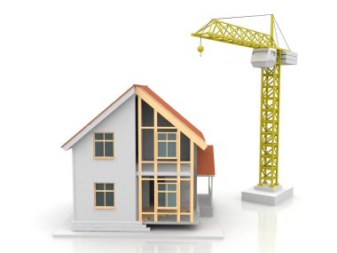 3D render illüstrasyon üstüne açık iç evi. Planları, belgeleri, vinç ve mortgage hesaplama.