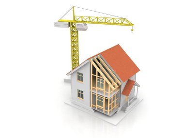 3D render illüstrasyon üstüne açık iç evi. Planları, belgeleri, vinç ve mortgage hesaplama.