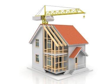 3D render illüstrasyon üstüne açık iç evi. Planları, belgeleri, vinç ve mortgage hesaplama.