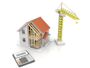 3D render illüstrasyon üstüne açık iç evi. Planları, belgeleri, vinç ve mortgage hesaplama.