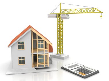 3D render illüstrasyon üstüne açık iç evi. Planları, belgeleri, vinç ve mortgage hesaplama.