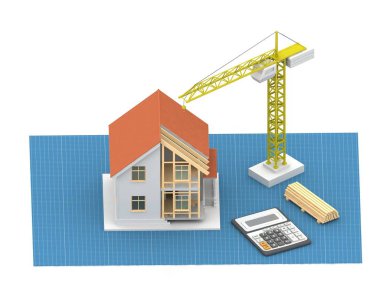 3D render illüstrasyon üstüne açık iç evi. Planları, belgeleri, vinç ve mortgage hesaplama.