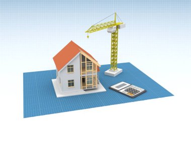 3D render illüstrasyon üstüne açık iç evi. Planları, belgeleri, vinç ve mortgage hesaplama.