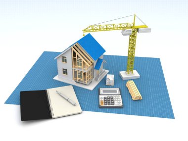 3D render illüstrasyon üstüne açık iç evi. Planları, belgeleri, vinç ve mortgage hesaplama.