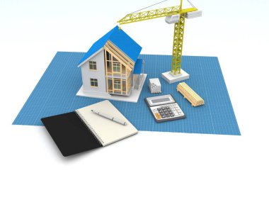 3D render illüstrasyon üstüne açık iç evi. Planları, belgeleri, vinç ve mortgage hesaplama.