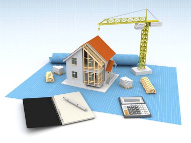 3D render illüstrasyon üstüne açık iç evi. Planları, belgeleri, vinç ve mortgage hesaplama.