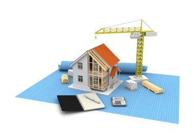 3D render illüstrasyon üstüne açık iç evi. Planları, belgeleri, vinç ve mortgage hesaplama.