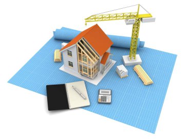 3D render illüstrasyon üstüne açık iç evi. Planları, belgeleri, vinç ve mortgage hesaplama.