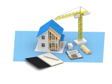 3D render illüstrasyon üstüne açık iç evi. Planları, belgeleri, vinç ve mortgage hesaplama.